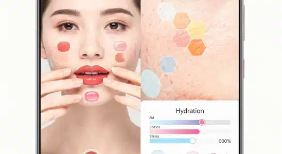 Smartphone screen demonstrating virtual makeup try on and AI skin analysis features