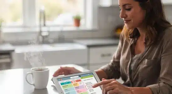 Woman organizing family schedule with AI household planning tools on a tablet