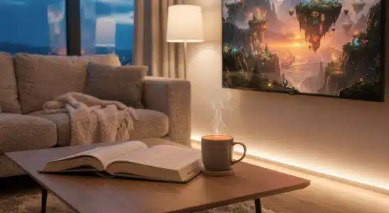 A cozy living room setting with an open novel next to a TV screen streaming a film adaptation.