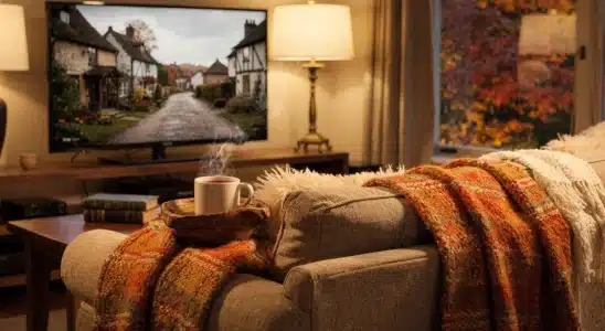 A warm living room set up for watching cozy mystery shows on a fall night with blankets and hot cider