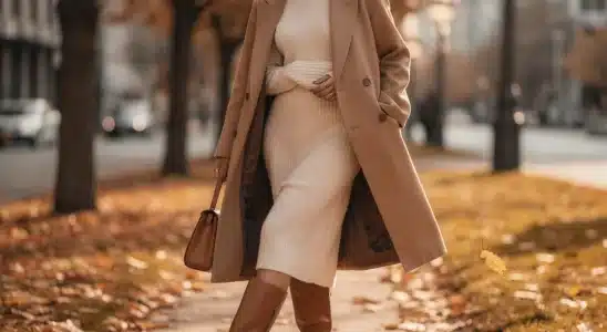 Woman wearing a cream ribbed knit sweater dress with knee-high boots in cool weather