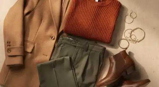 Autumn outfit featuring a camel wool coat, rust knit sweater, and olive trousers