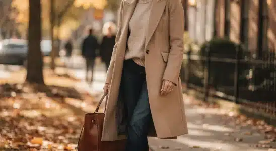 Stylish woman over 50 wearing a camel coat and cashmere sweater for fall