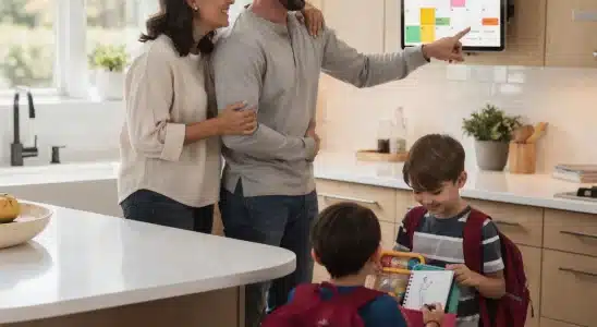 Parents using a digital family schedule app on a kitchen tablet