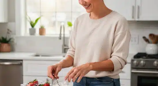 A busy mom preparing nutritious, portable snacks in a modern kitchen.