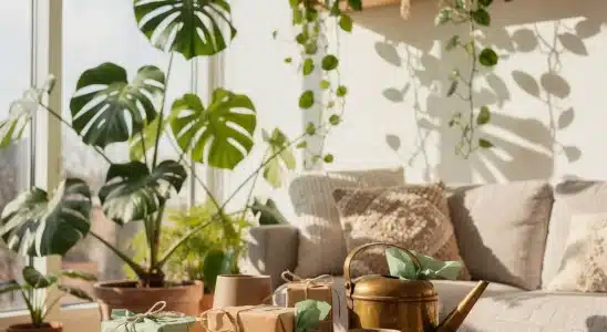 Collection of thoughtful gifts for plant lovers on a wooden table surrounded by indoor houseplants
