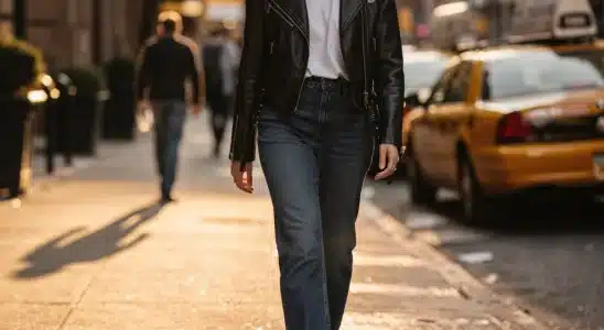 Woman wearing a classic black leather jacket with straight-leg jeans and white t-shirt on a city street